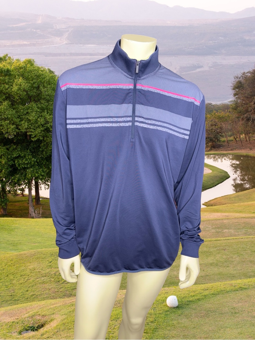 Callaway Navy Performance Quarter-Zip with Light Blue & Pink Stripes